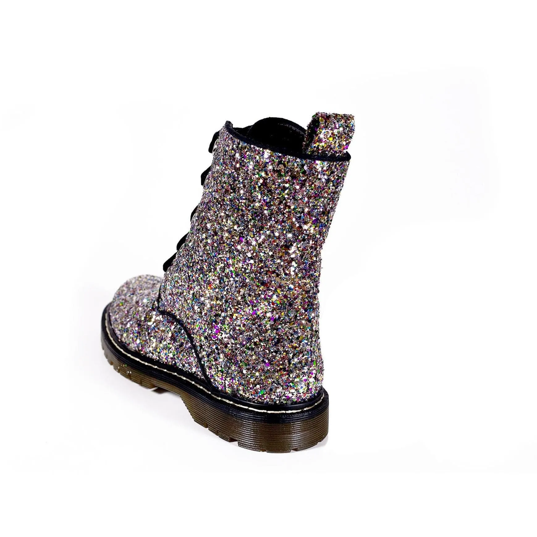 'Billie' vegan combat boots by Zette Shoes - Silver/Multicolour Glitter