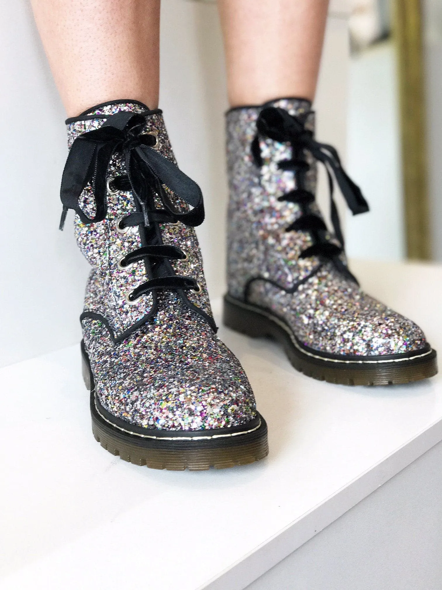 'Billie' vegan combat boots by Zette Shoes - Silver/Multicolour Glitter