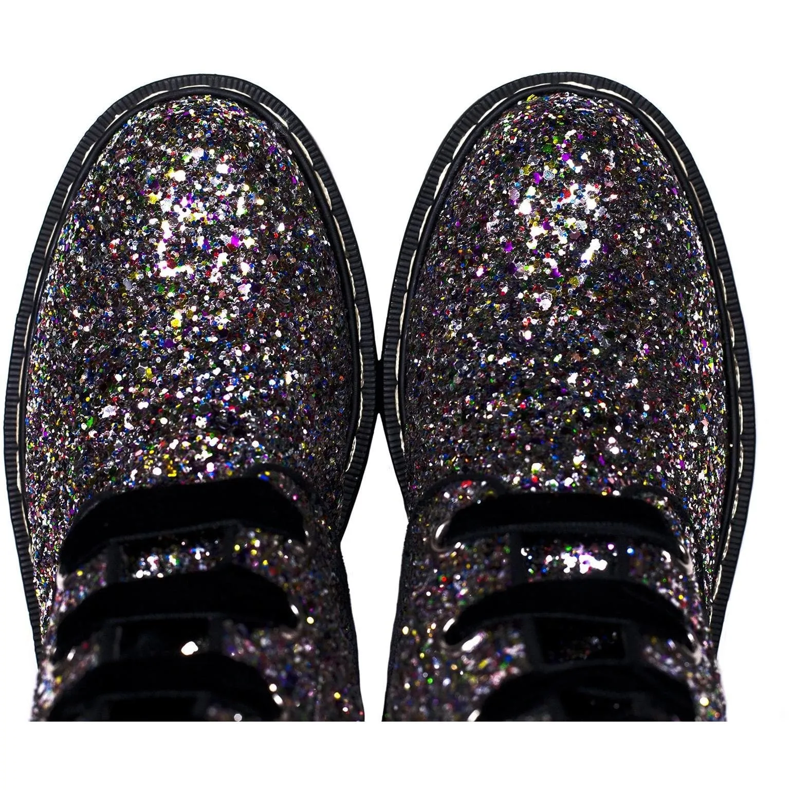 'Billie' vegan combat boots by Zette Shoes - Silver/Multicolour Glitter