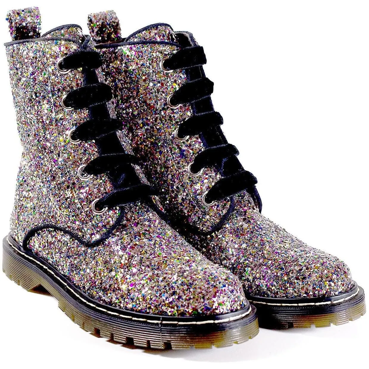 'Billie' vegan combat boots by Zette Shoes - Silver/Multicolour Glitter