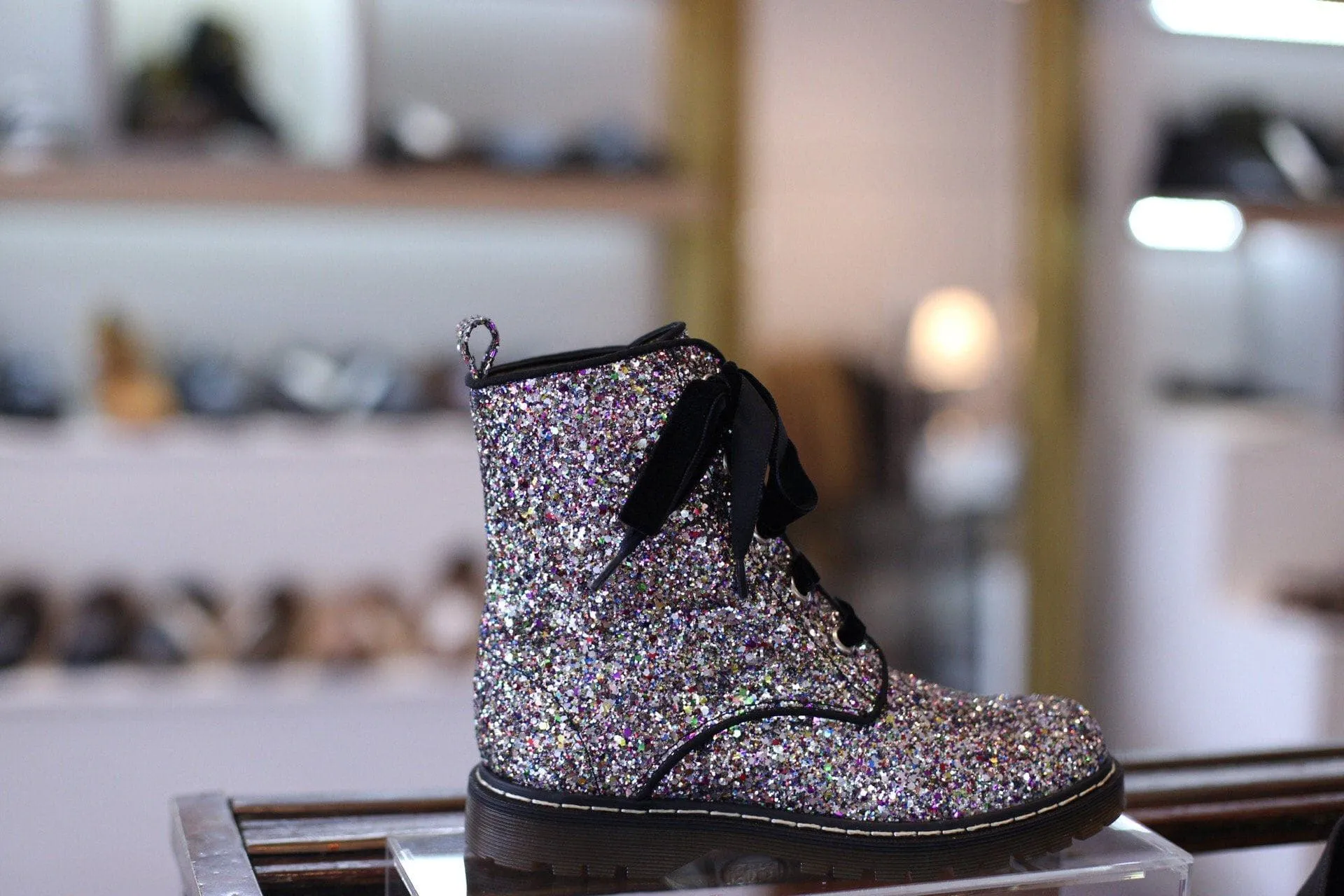 'Billie' vegan combat boots by Zette Shoes - Silver/Multicolour Glitter