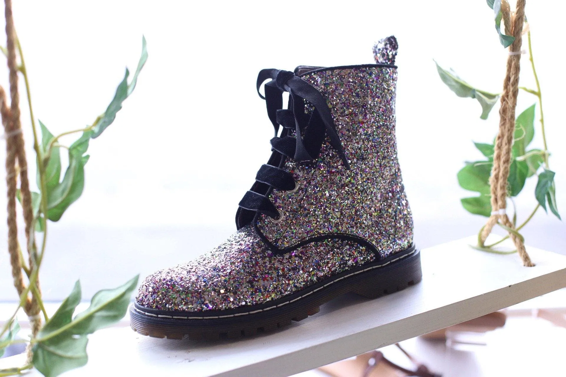 'Billie' vegan combat boots by Zette Shoes - Silver/Multicolour Glitter