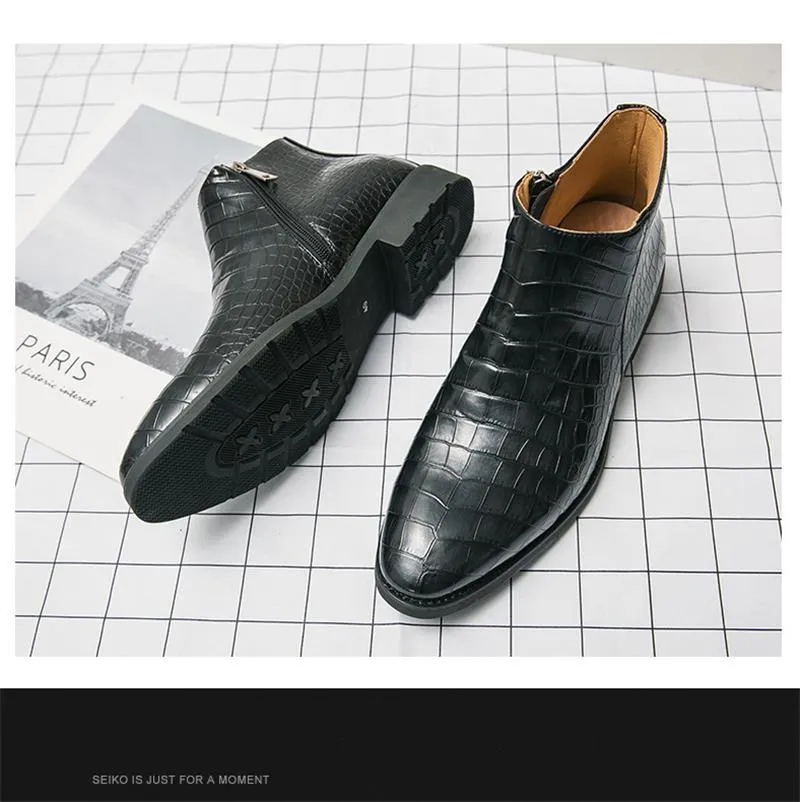 Brand Fashionable New Side Zipper Casual High Top Leather Shoes High-quality Men Pointed Crocodile Leather Business Wedding Boot