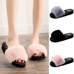 Fur Non-Slip Wedge Open Toe Slippers