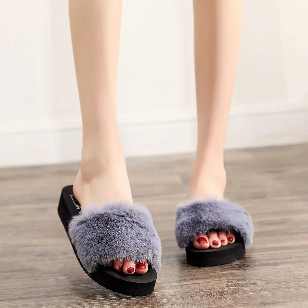 Fur Non-Slip Wedge Open Toe Slippers