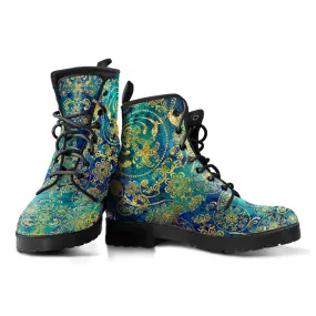 Gold FLoral Handcrafted Women's Vegan Leather Combat Boots