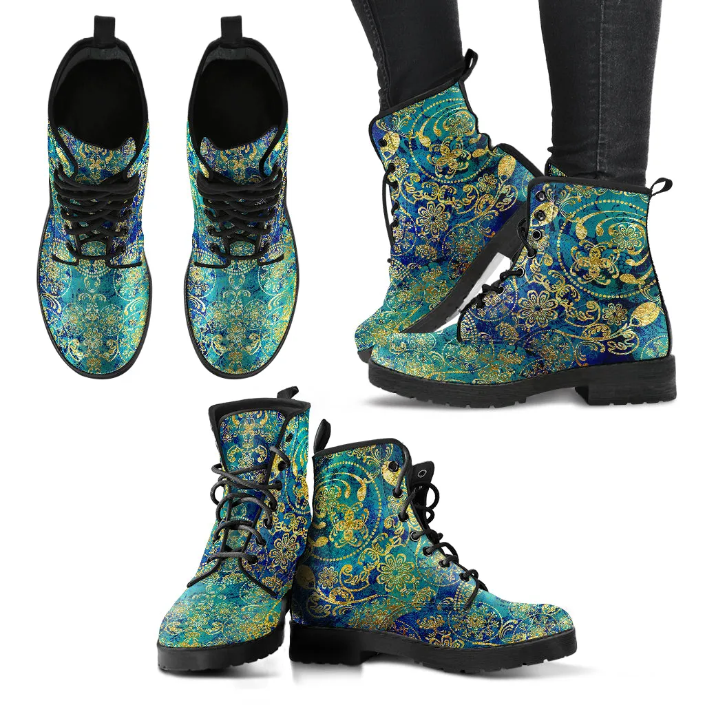 Gold FLoral Handcrafted Women's Vegan Leather Combat Boots