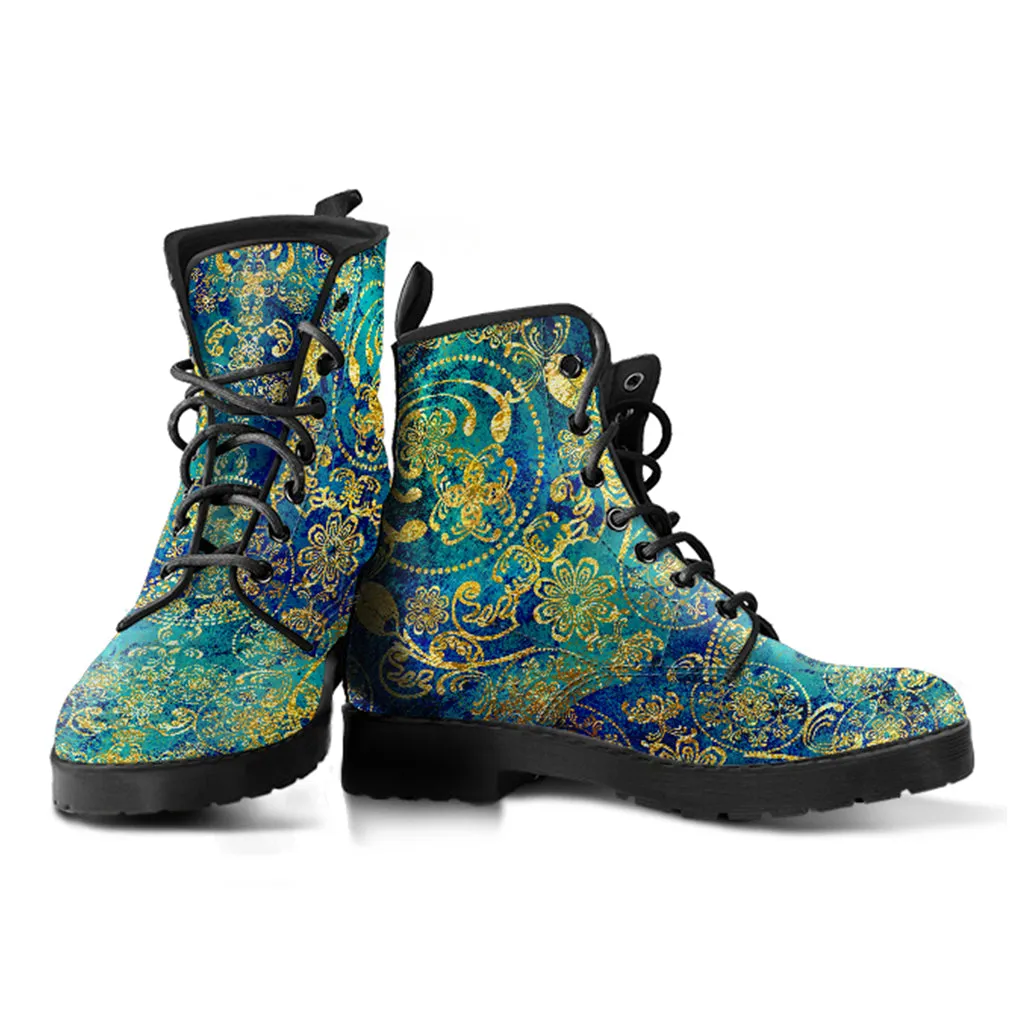 Gold FLoral Handcrafted Women's Vegan Leather Combat Boots