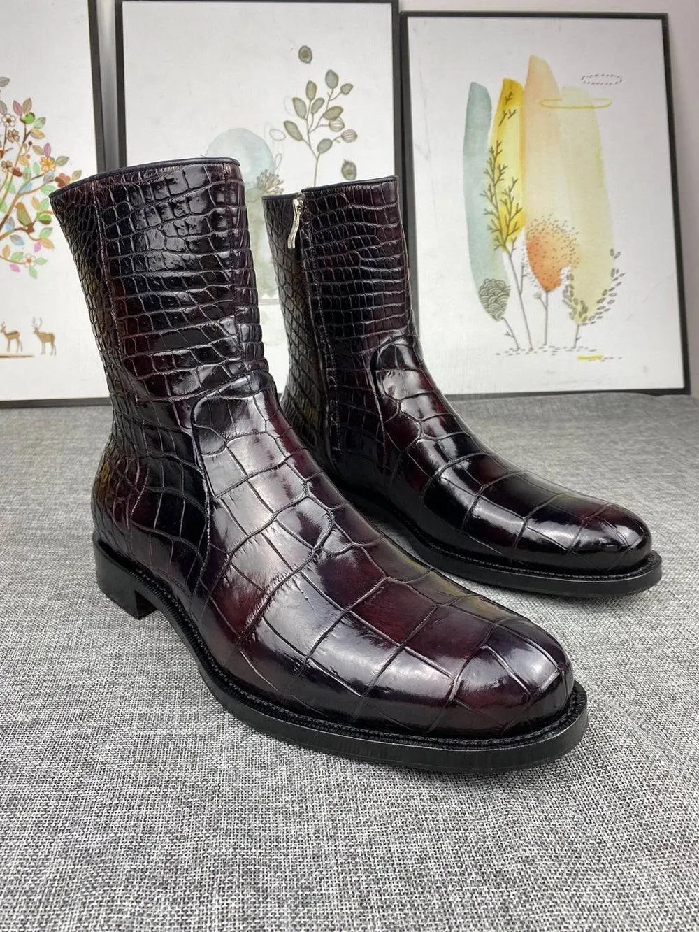 Mens Boots ,Crocodile Boots,Crocodile Shoes , Mens Crocodile Leather Side Zipper Boots