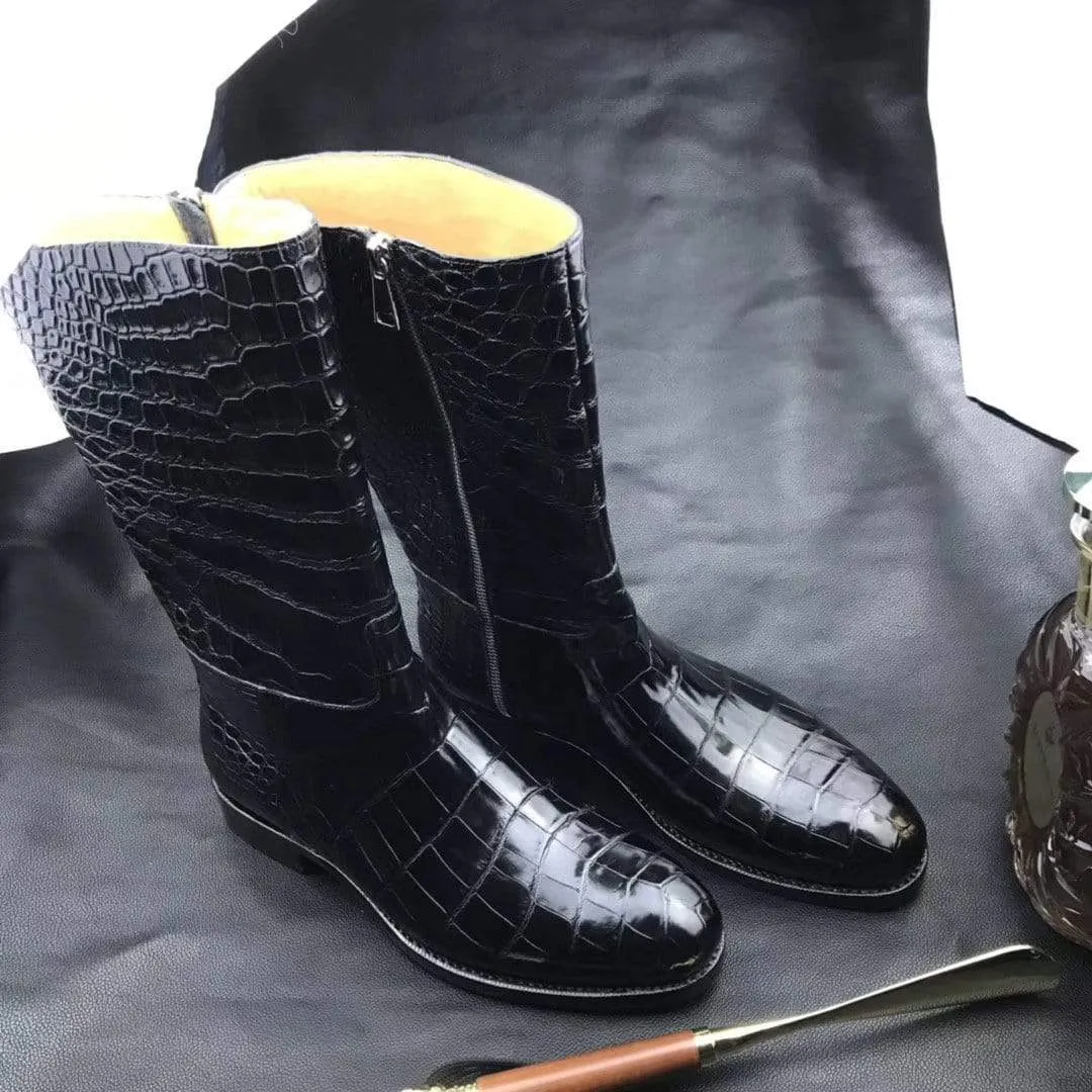 Mens Boots,Crocodile Boots,Genuine Crocodile Leather Long Side Zip Boots Black