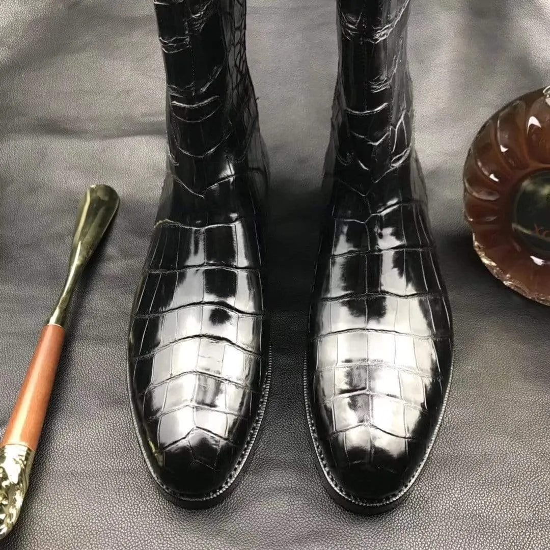 Mens Boots,Crocodile Boots,Genuine Crocodile Leather Long Side Zip Boots Black