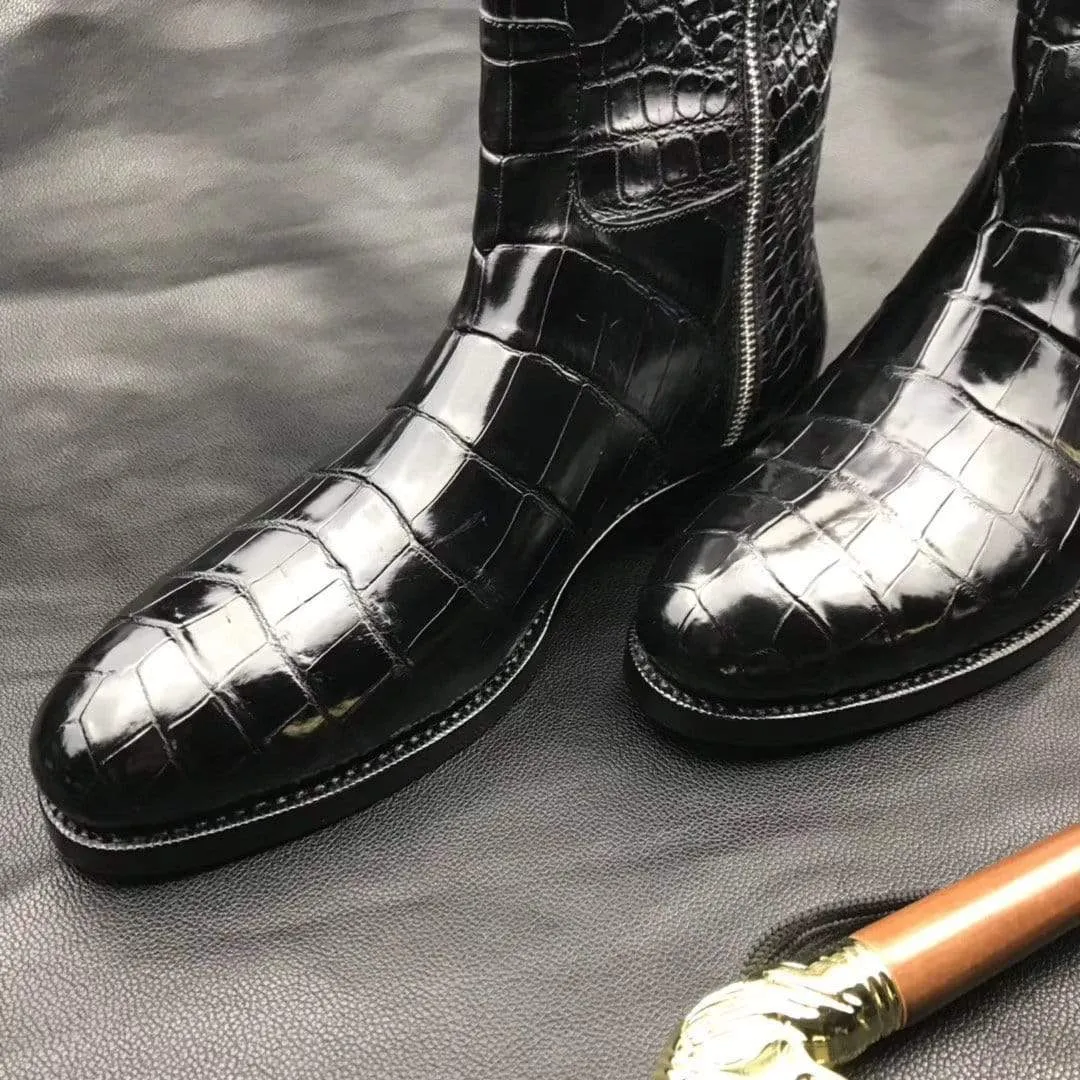 Mens Boots,Crocodile Boots,Genuine Crocodile Leather Long Side Zip Boots Black