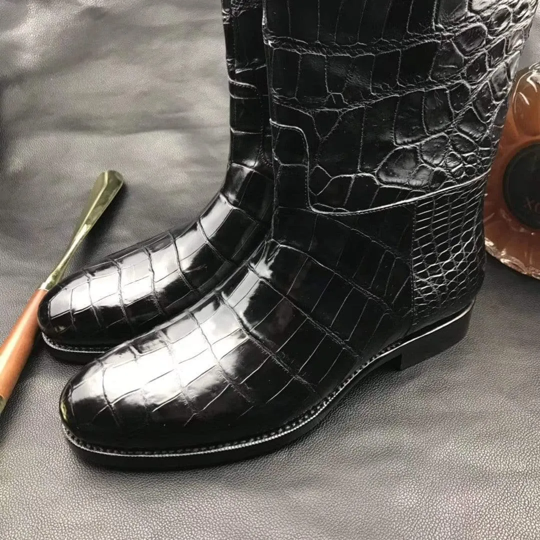 Mens Boots,Crocodile Boots,Genuine Crocodile Leather Long Side Zip Boots Black