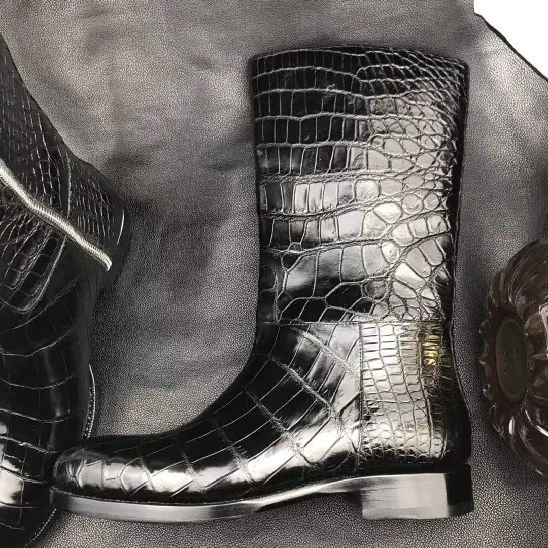 Mens Boots,Crocodile Boots,Genuine Crocodile Leather Long Side Zip Boots Black