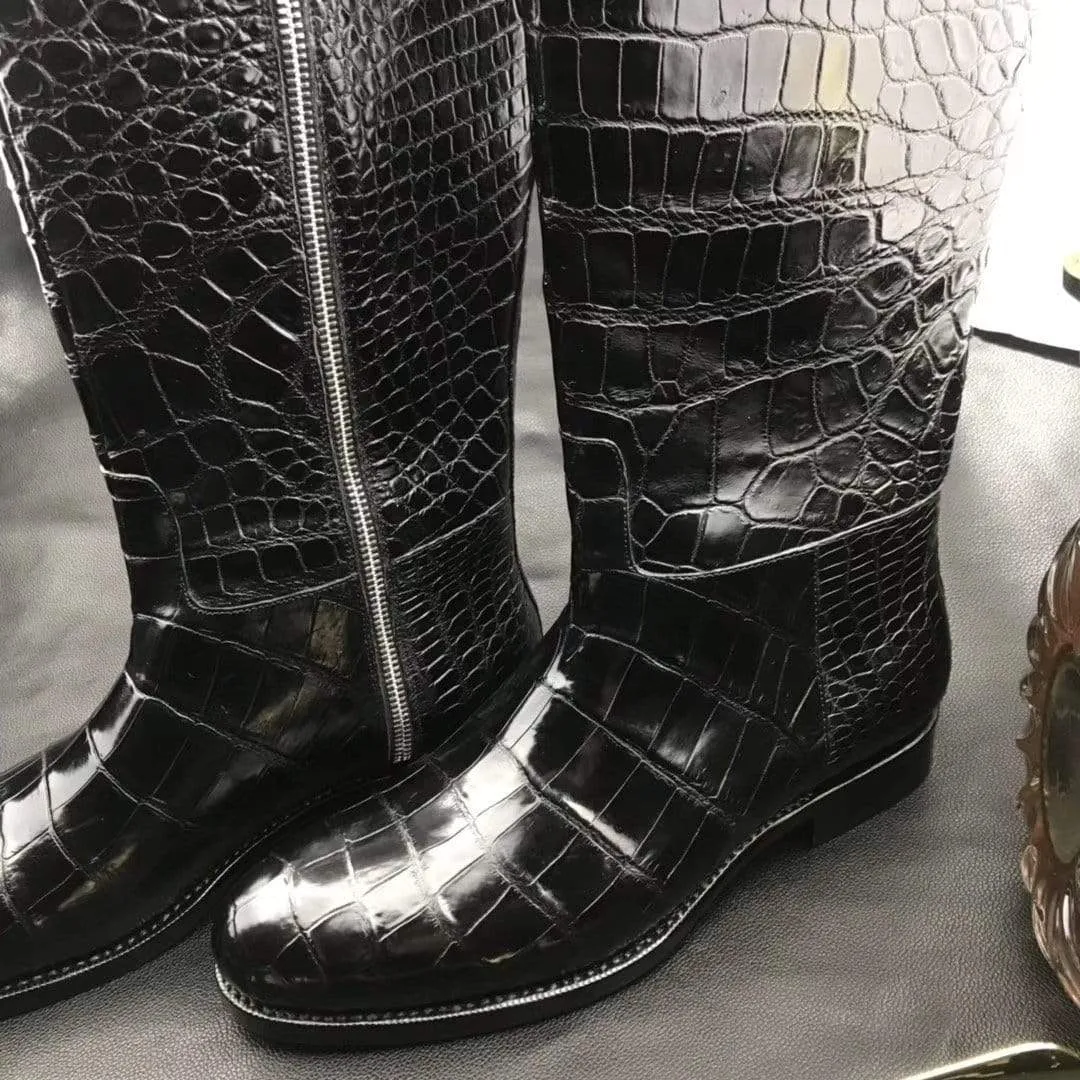 Mens Boots,Crocodile Boots,Genuine Crocodile Leather Long Side Zip Boots Black