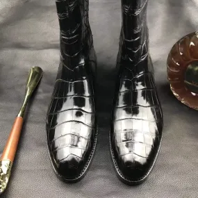 Mens Boots,Crocodile Boots,Genuine Crocodile Leather Long Side Zip Boots Black