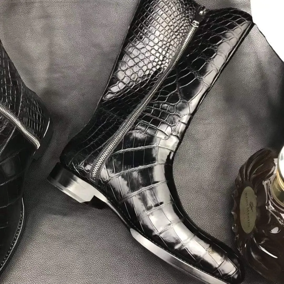 Mens Boots,Crocodile Boots,Genuine Crocodile Leather Long Side Zip Boots Black