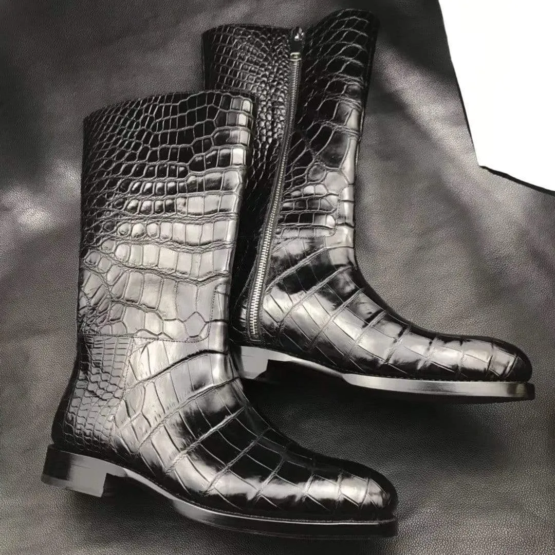 Mens Boots,Crocodile Boots,Genuine Crocodile Leather Long Side Zip Boots Black