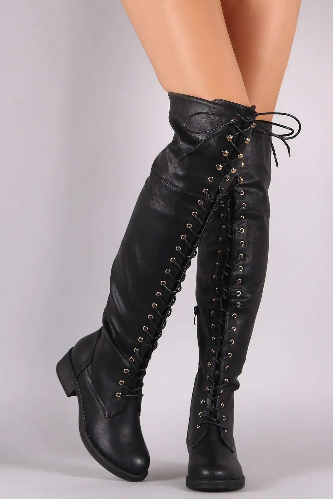 Pebbled Vegan Leather Lace-Up OTK Riding Boots