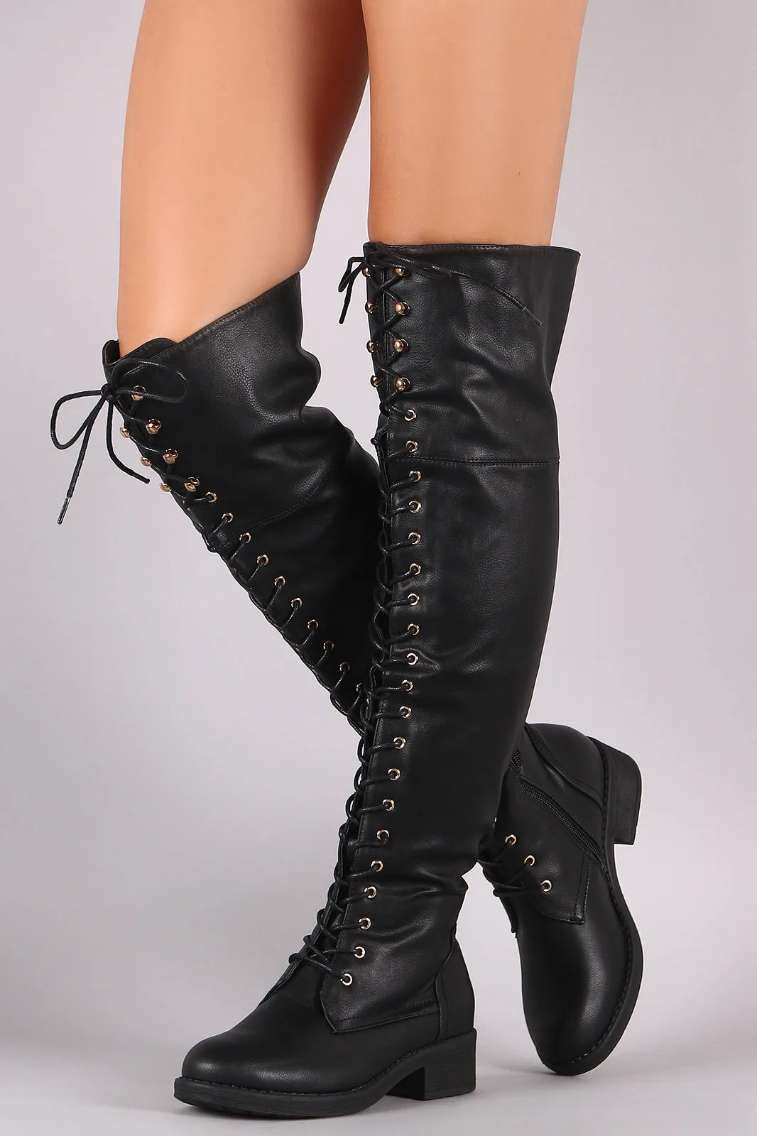 Pebbled Vegan Leather Lace-Up OTK Riding Boots