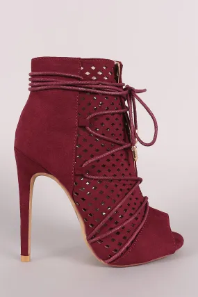 Perforated Suede Lace-Up Stiletto Ankle Boots