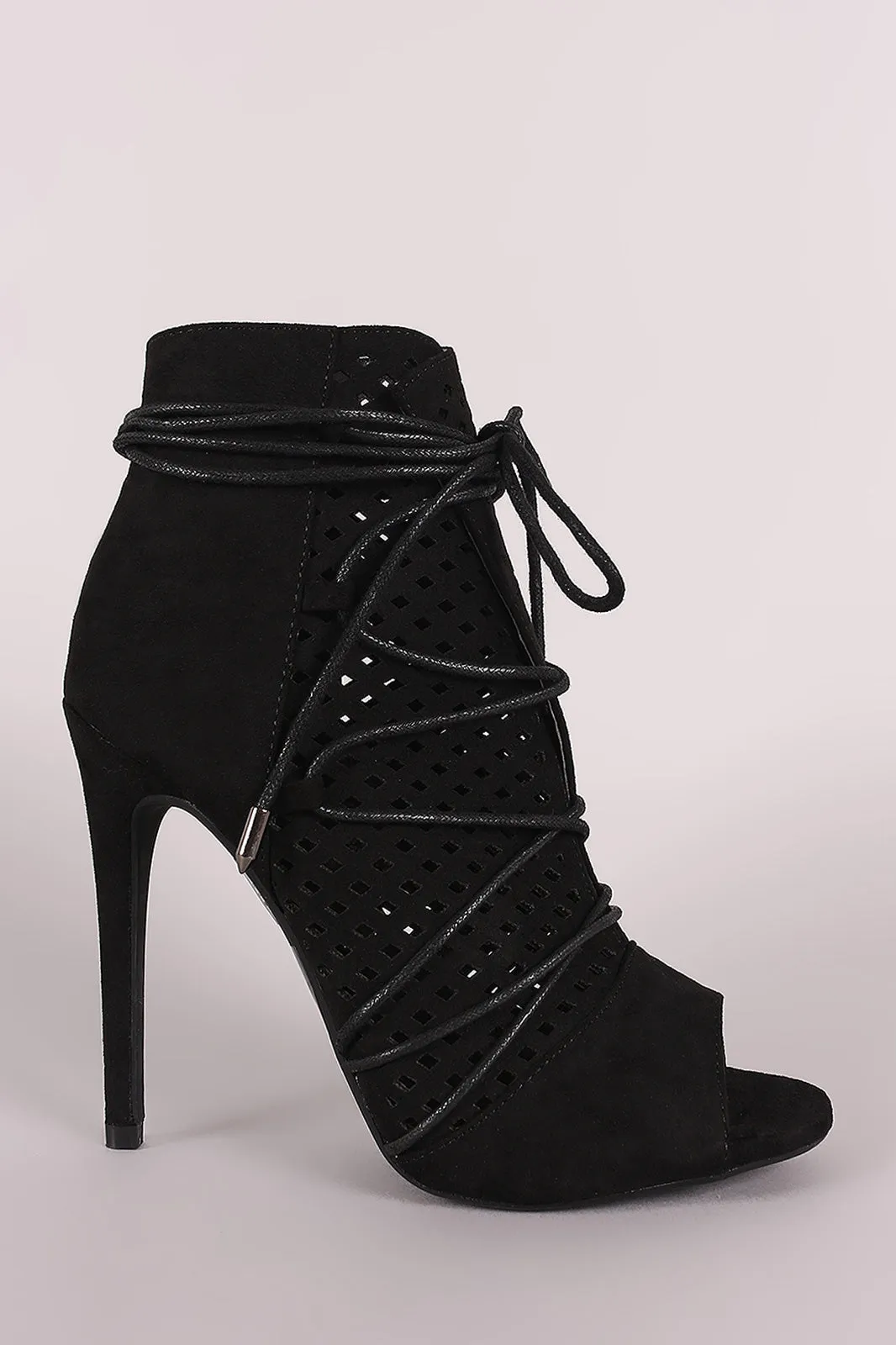 Perforated Suede Lace-Up Stiletto Ankle Boots