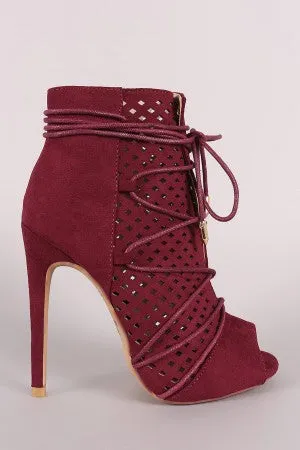 Perforated Suede Lace-Up Stiletto Ankle Boots