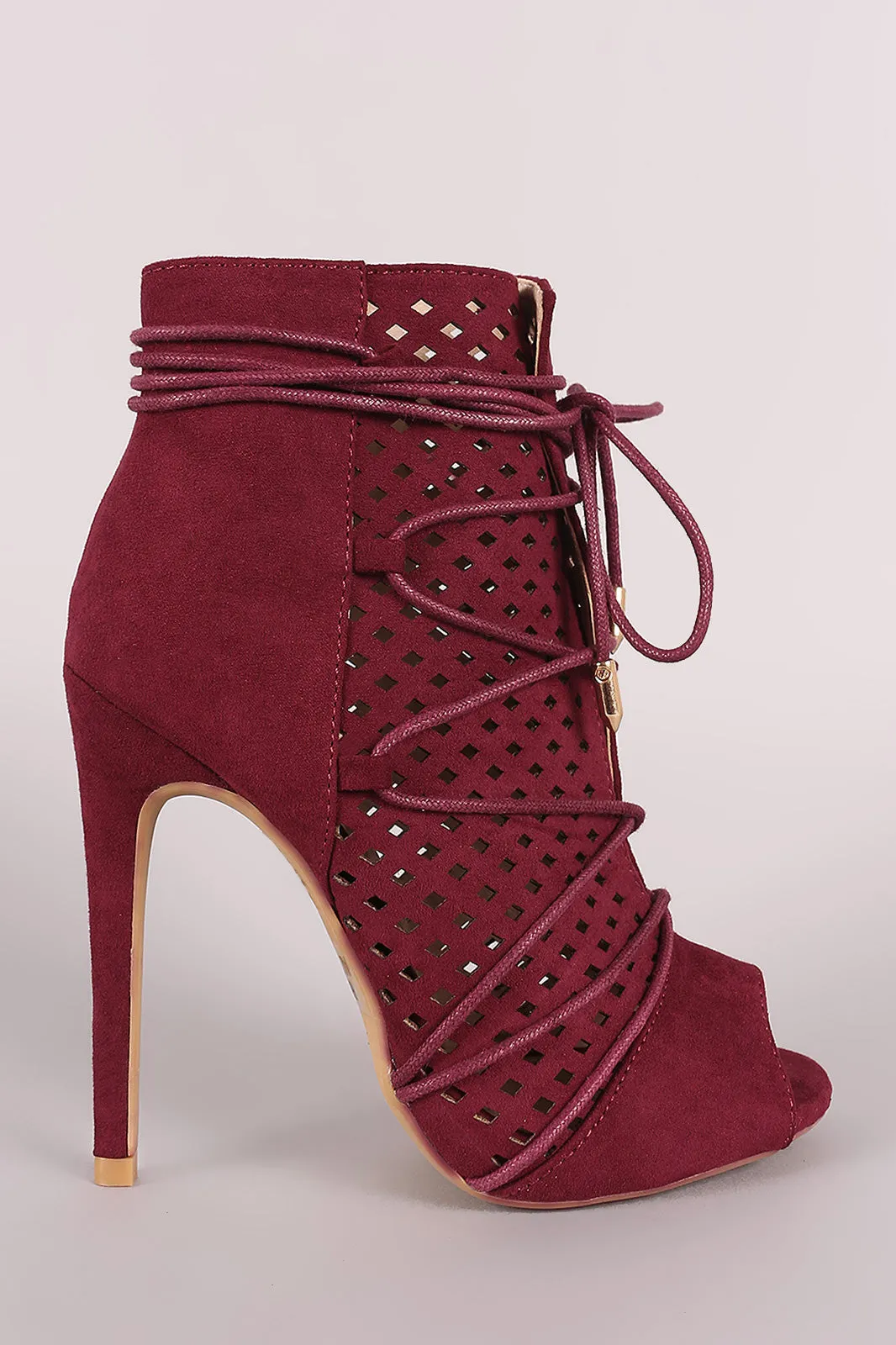 Perforated Suede Lace-Up Stiletto Ankle Boots