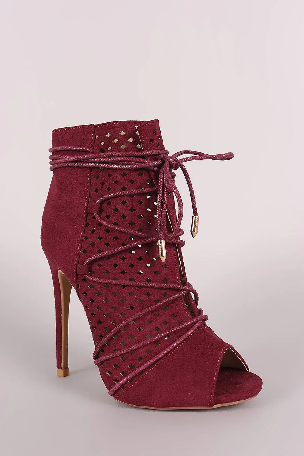 Perforated Suede Lace-Up Stiletto Ankle Boots