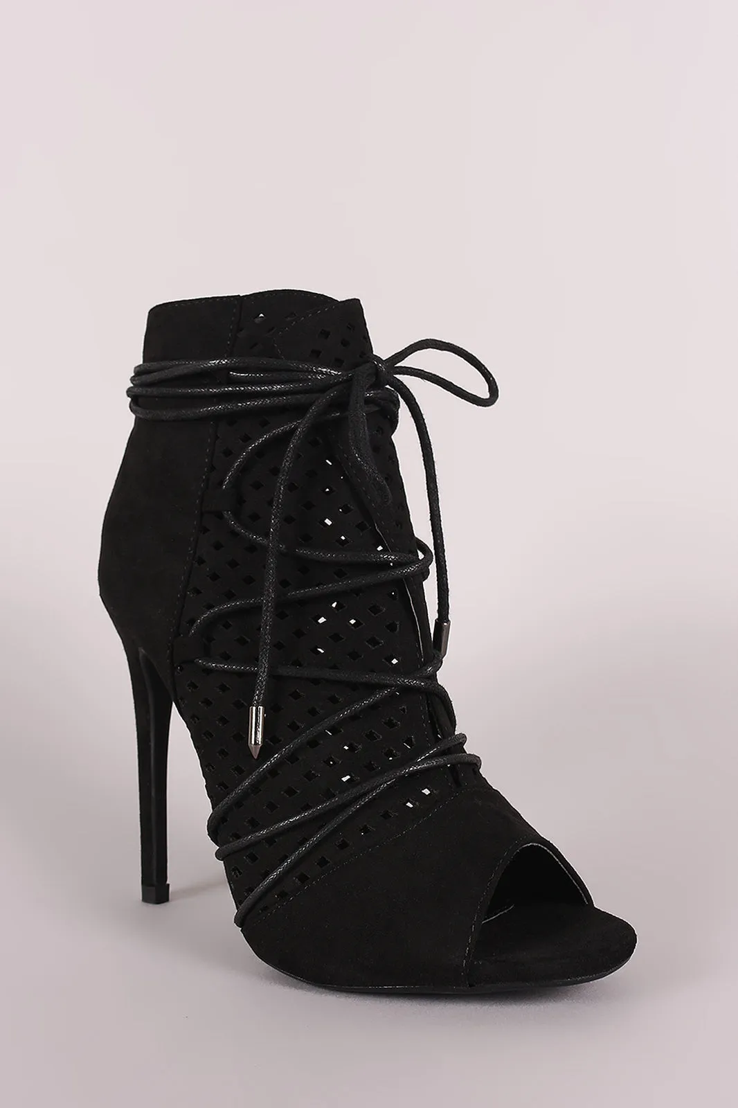 Perforated Suede Lace-Up Stiletto Ankle Boots