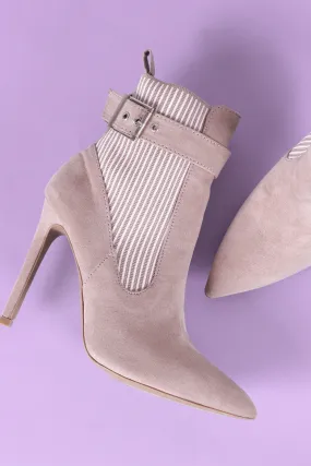 Qupid Buckle Suede Stripe Knit Trim Stiletto Booties