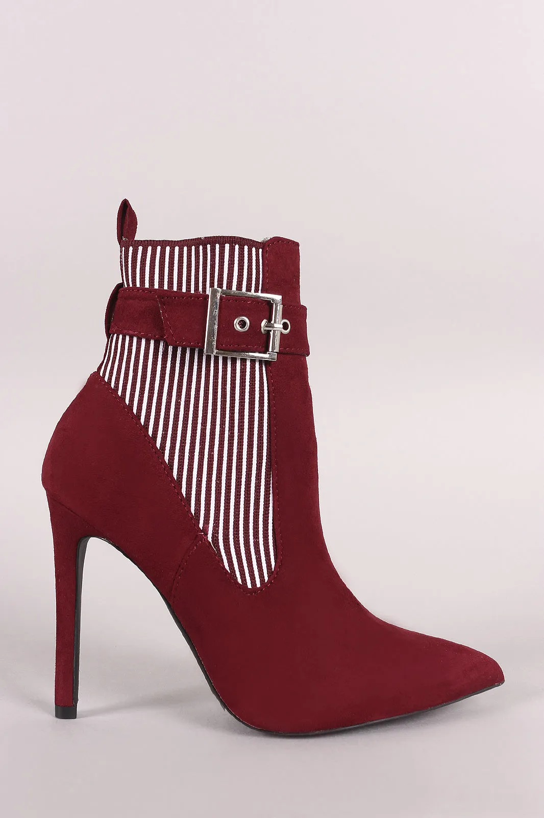 Qupid Buckle Suede Stripe Knit Trim Stiletto Booties
