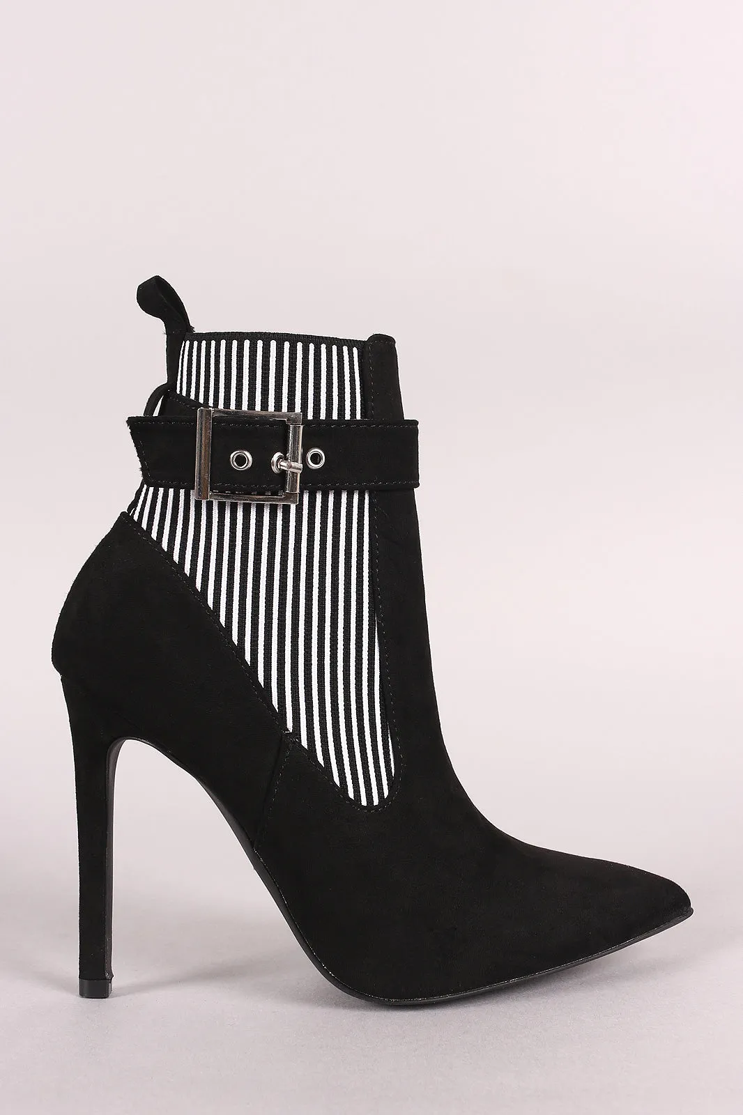 Qupid Buckle Suede Stripe Knit Trim Stiletto Booties