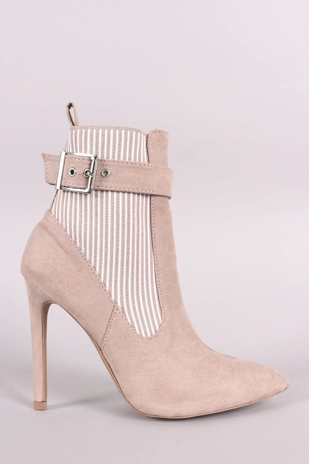 Qupid Buckle Suede Stripe Knit Trim Stiletto Booties