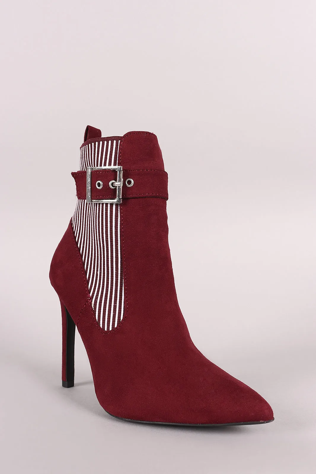 Qupid Buckle Suede Stripe Knit Trim Stiletto Booties