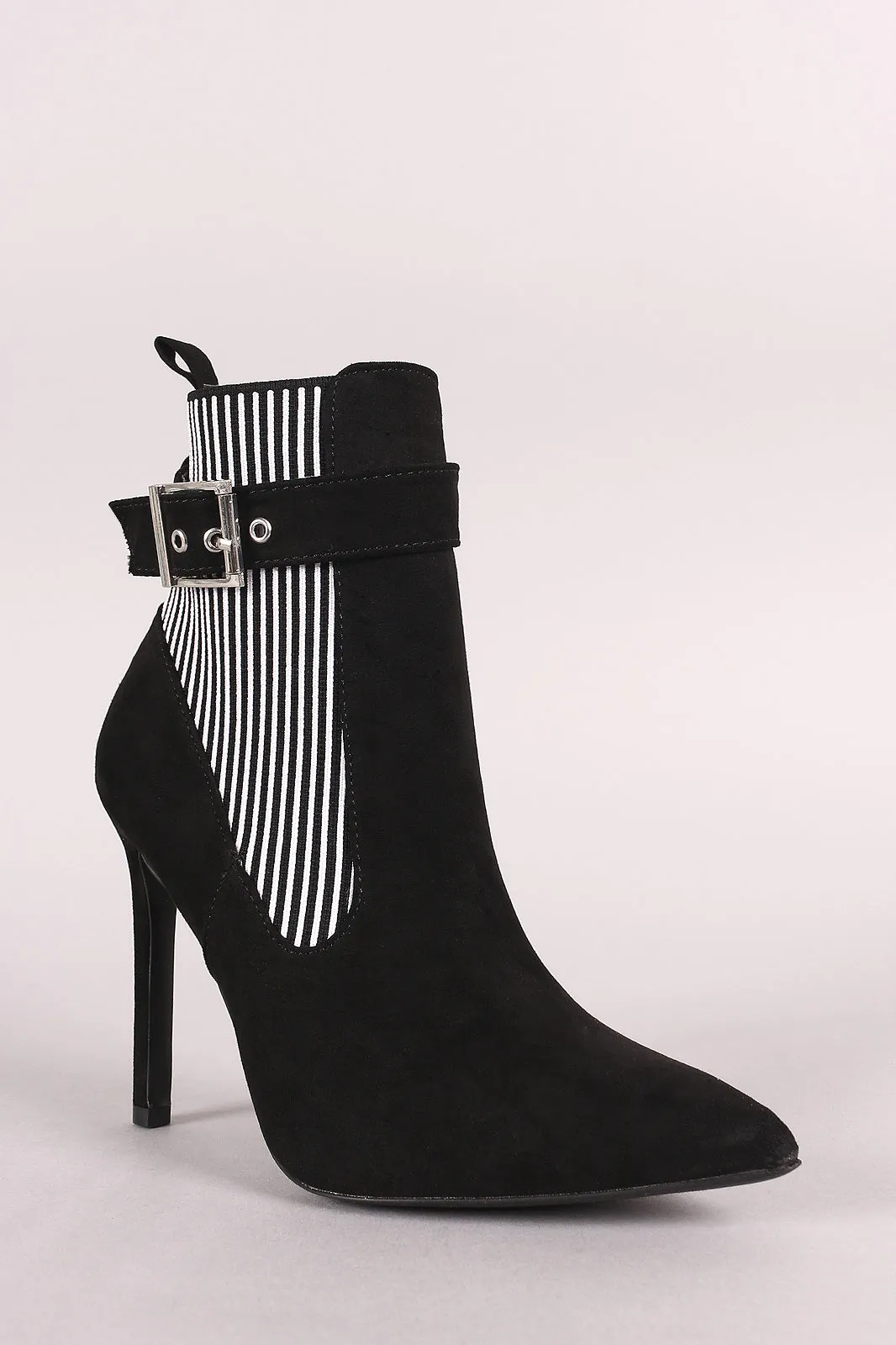 Qupid Buckle Suede Stripe Knit Trim Stiletto Booties