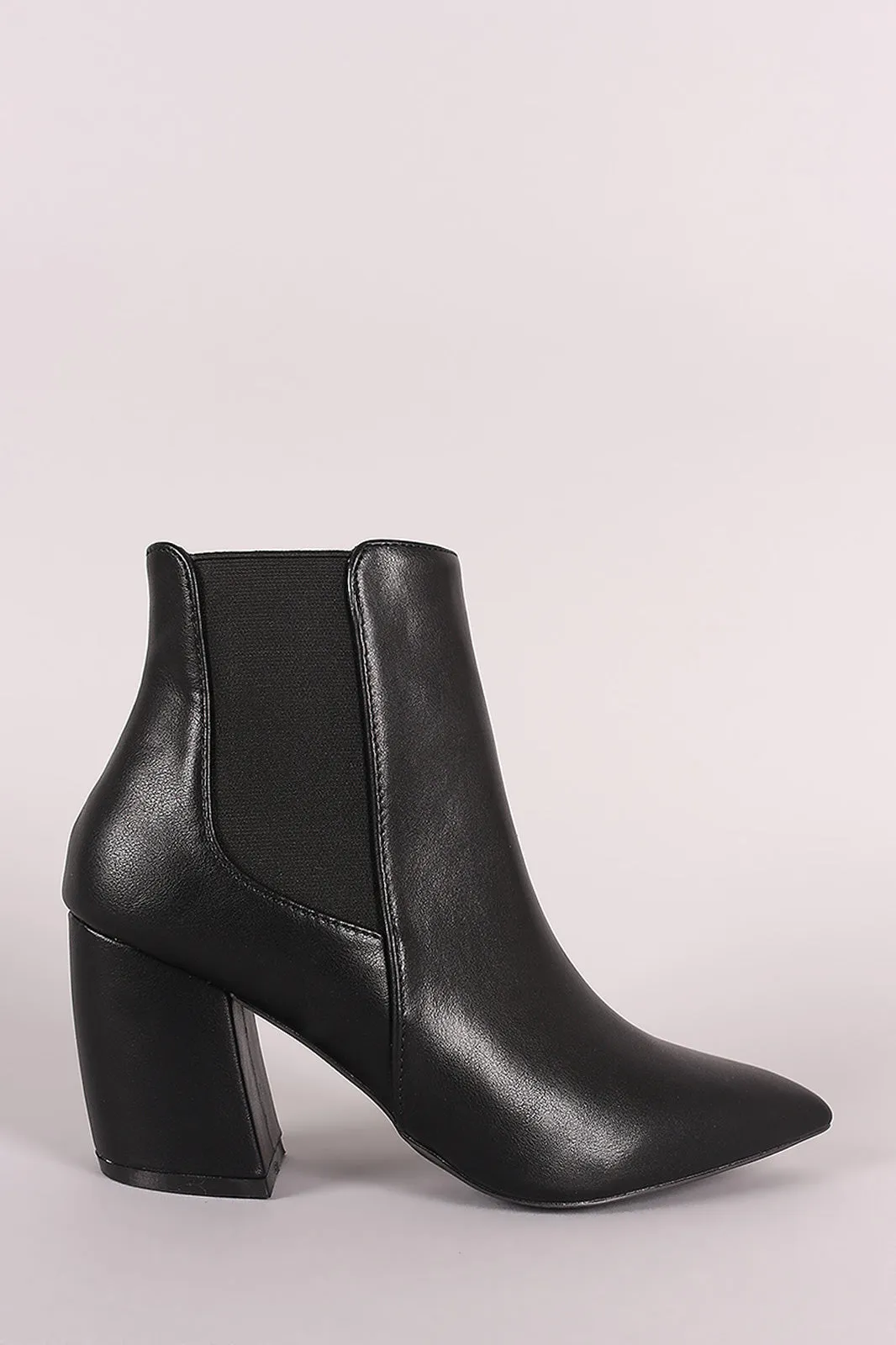 Qupid Pointy Toe Elastic Gore Chunky Heeled Booties