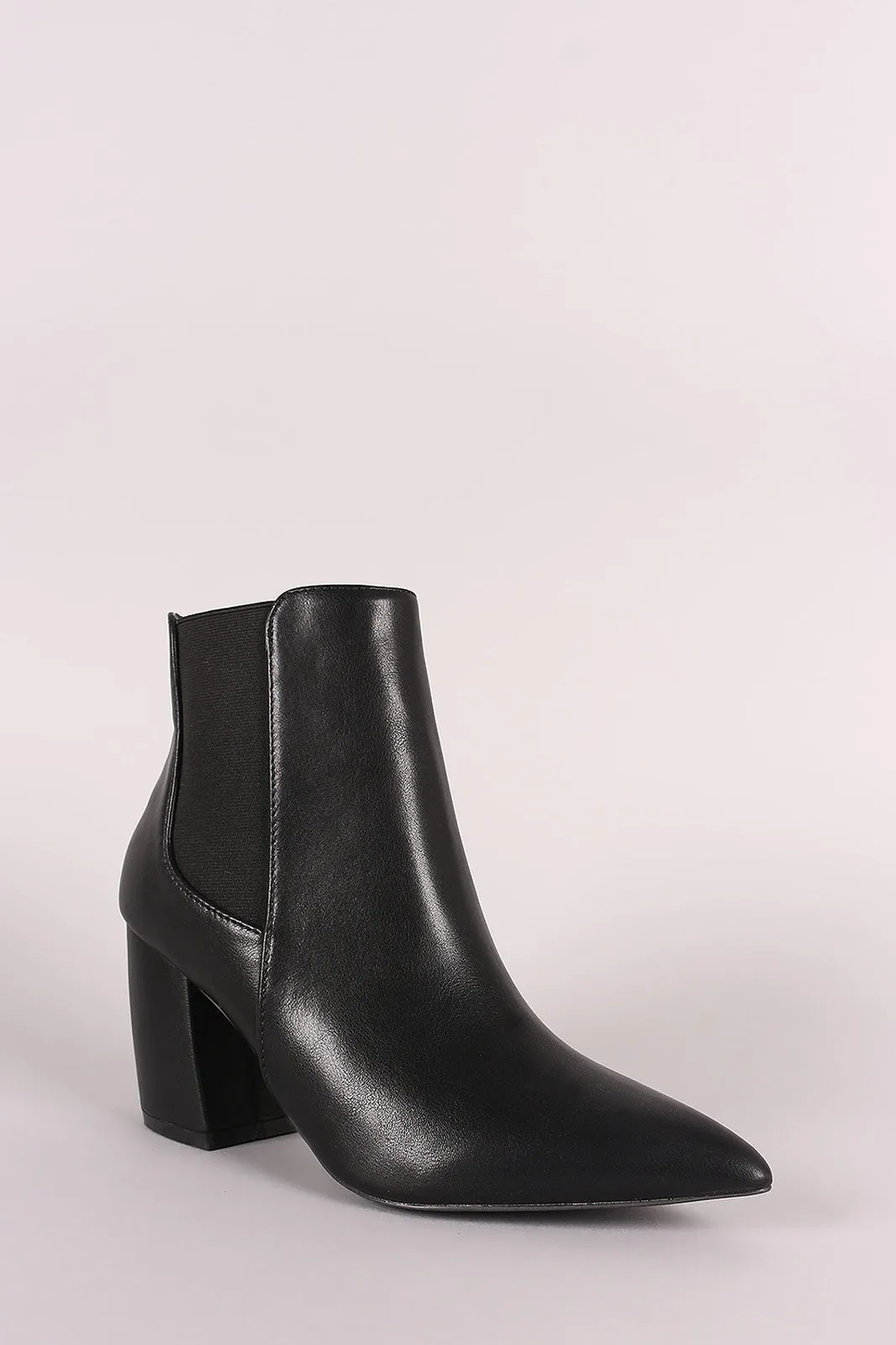 Qupid Pointy Toe Elastic Gore Chunky Heeled Booties