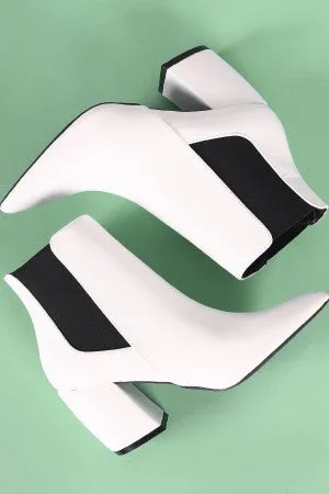 Qupid Pointy Toe Elastic Gore Chunky Heeled Booties