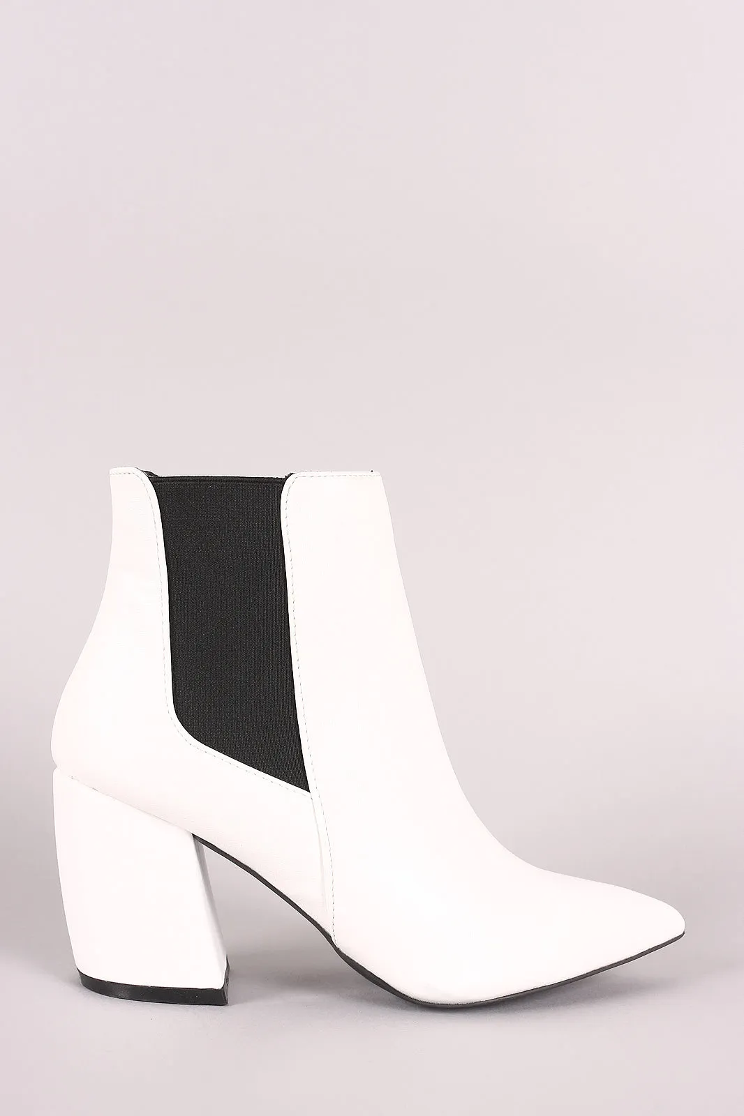 Qupid Pointy Toe Elastic Gore Chunky Heeled Booties