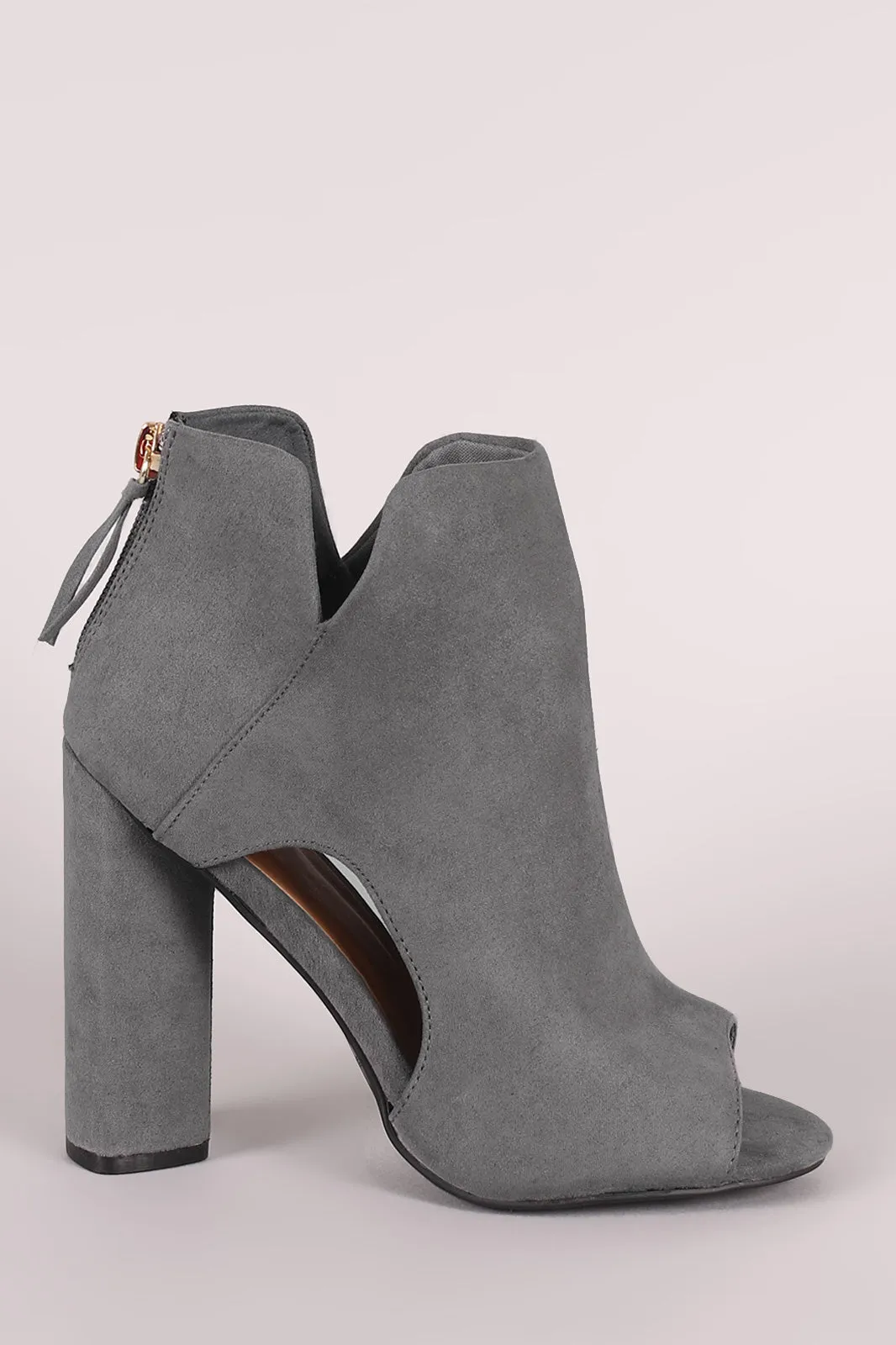 Qupid Suede Peep Toe Cutout Chunky Heeled Booties