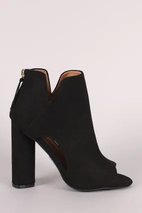 Qupid Suede Peep Toe Cutout Chunky Heeled Booties