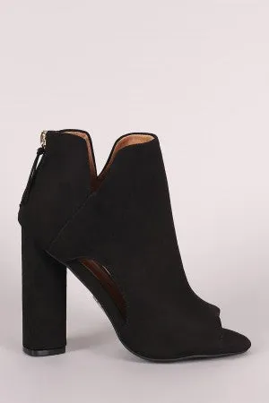 Qupid Suede Peep Toe Cutout Chunky Heeled Booties