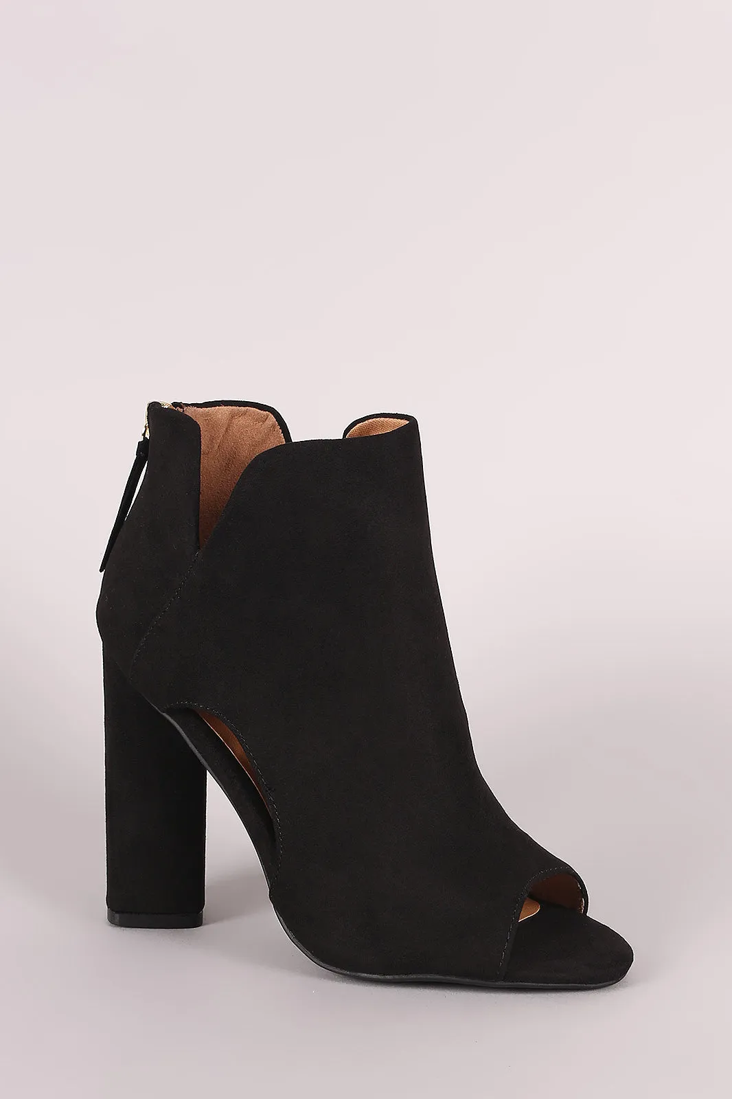 Qupid Suede Peep Toe Cutout Chunky Heeled Booties
