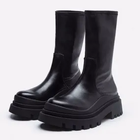Stretch Leather Mid-Calf Slip On Chunky Platform Boots