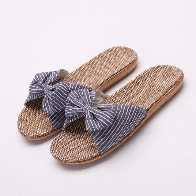 Summer Women’s Flat Bow Linen Slippers – Soft Non-Slip Anti-Odor Home Shoes