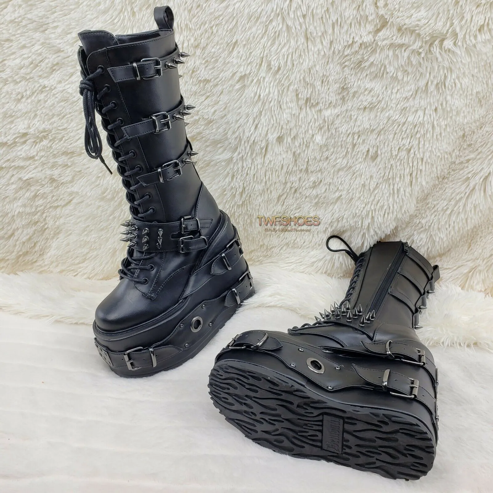 Swing 327 Black Knee Boot 5.5" Platform Studs & Spikes Goth Rave Boot Restock NY