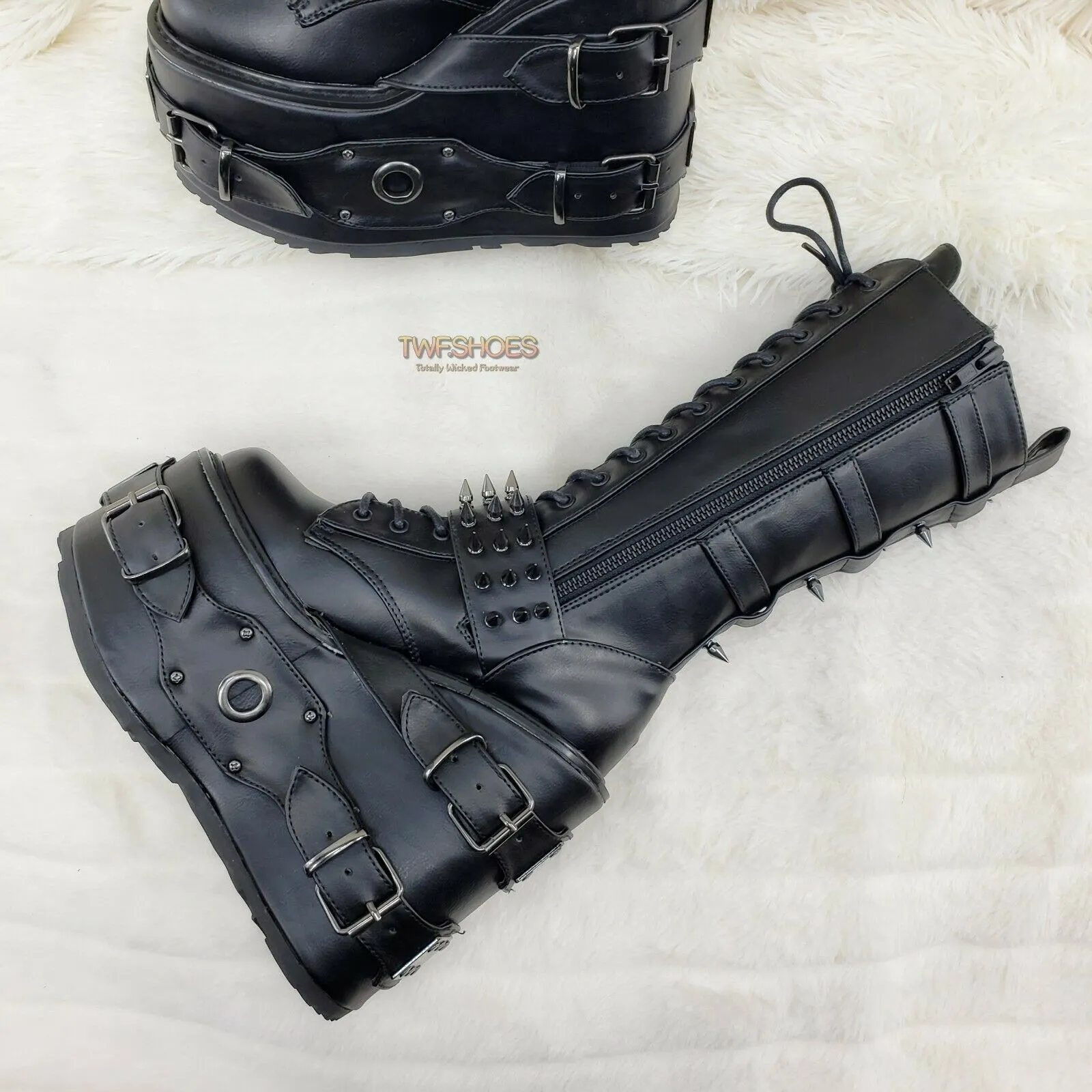 Swing 327 Black Knee Boot 5.5" Platform Studs & Spikes Goth Rave Boot Restock NY