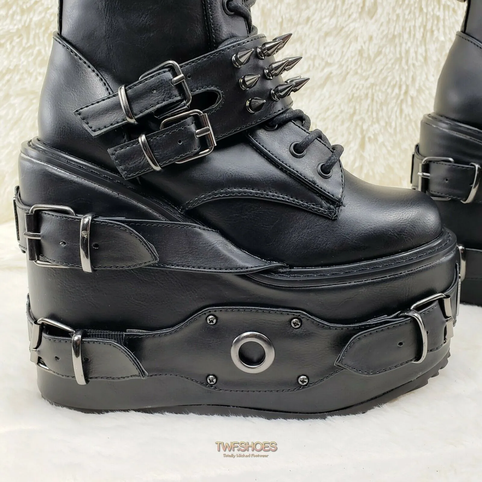 Swing 327 Black Knee Boot 5.5" Platform Studs & Spikes Goth Rave Boot Restock NY
