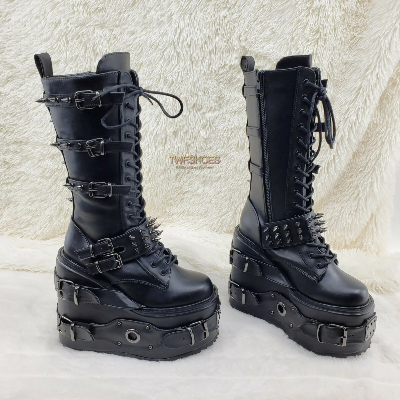 Swing 327 Black Knee Boot 5.5" Platform Studs & Spikes Goth Rave Boot Restock NY